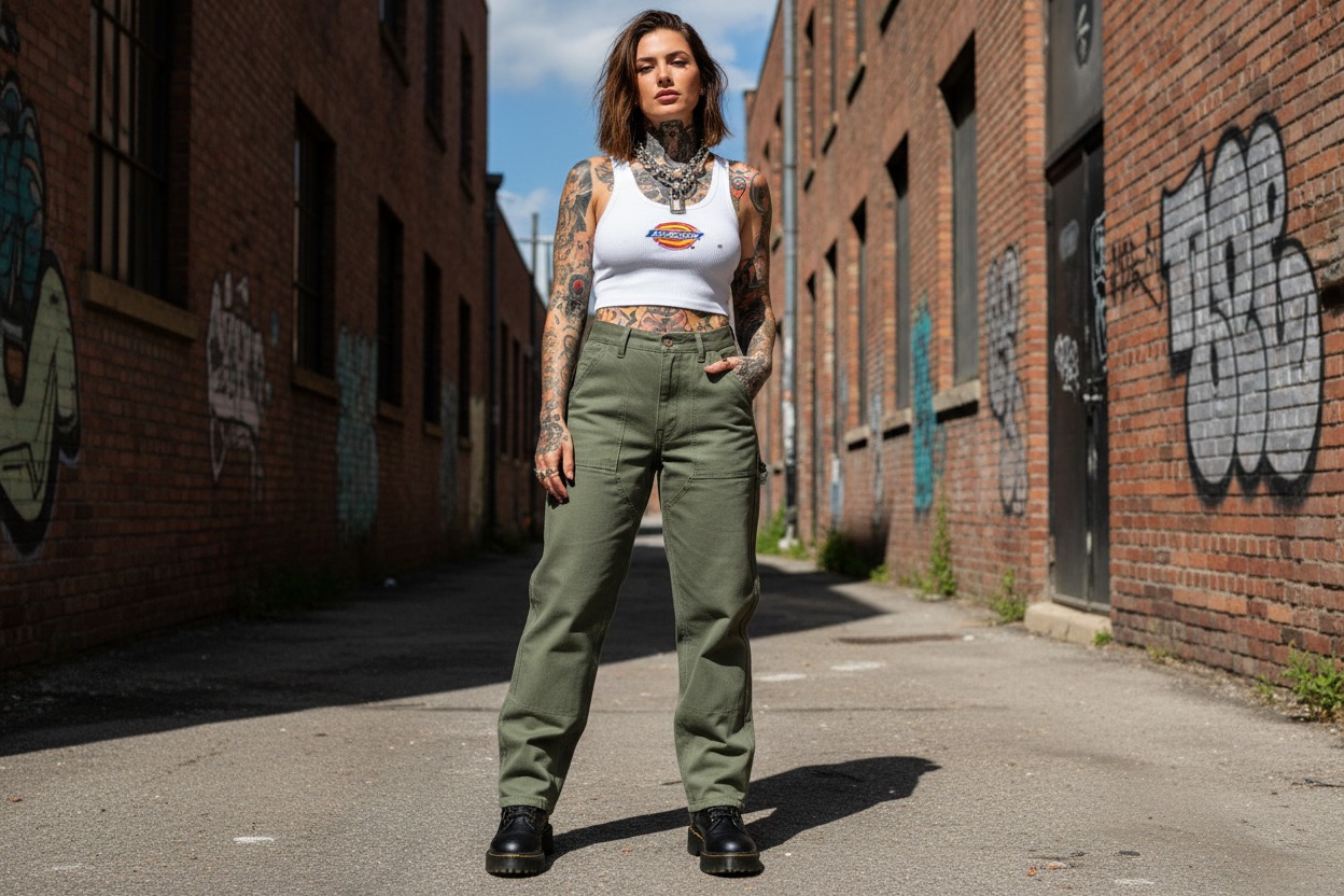 Una mujer tatuada con una camiseta blanca de tirantes y pantalones cargo verdes posa en un callejón rodeado de paredes de ladrillo.